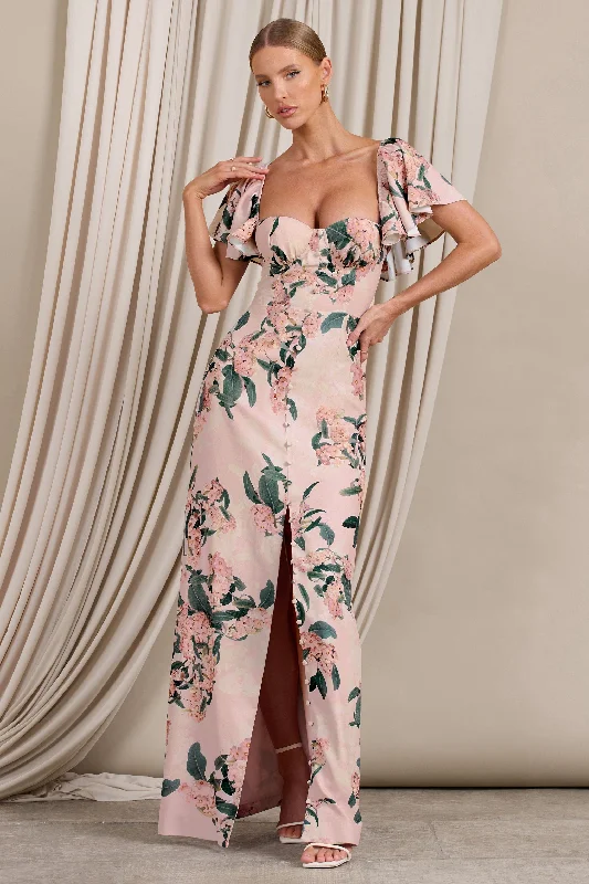 Signorina | Pink Floral Buttoned Maxi Dress With Flounced Short Sleeves