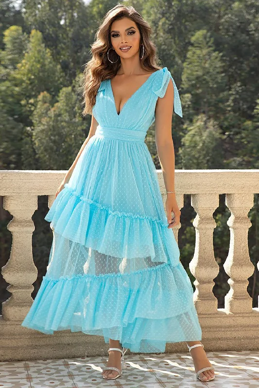 Sky Blue A-Line V Neck Tulle Prom Dress with Ruffles