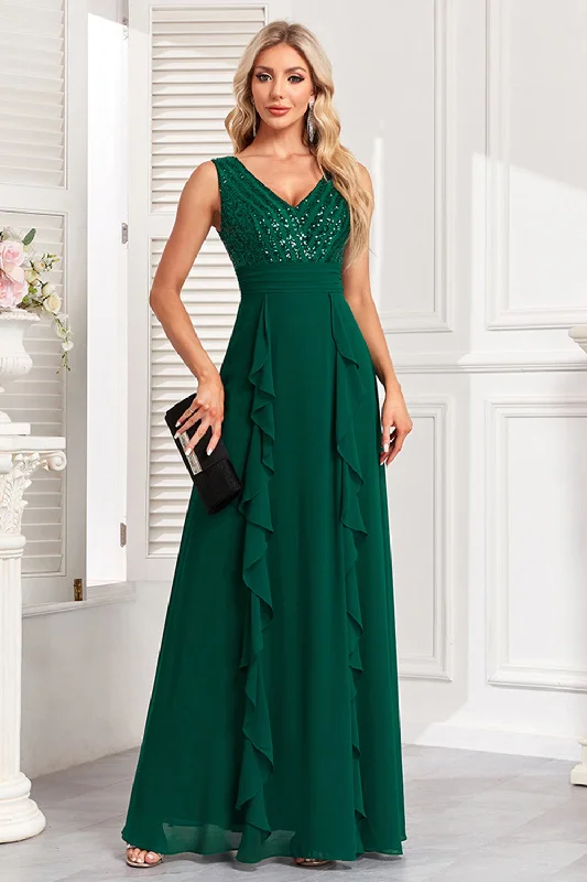 Sparkly Dark Green A Line Sequins Long Prom Dress with Ruffles