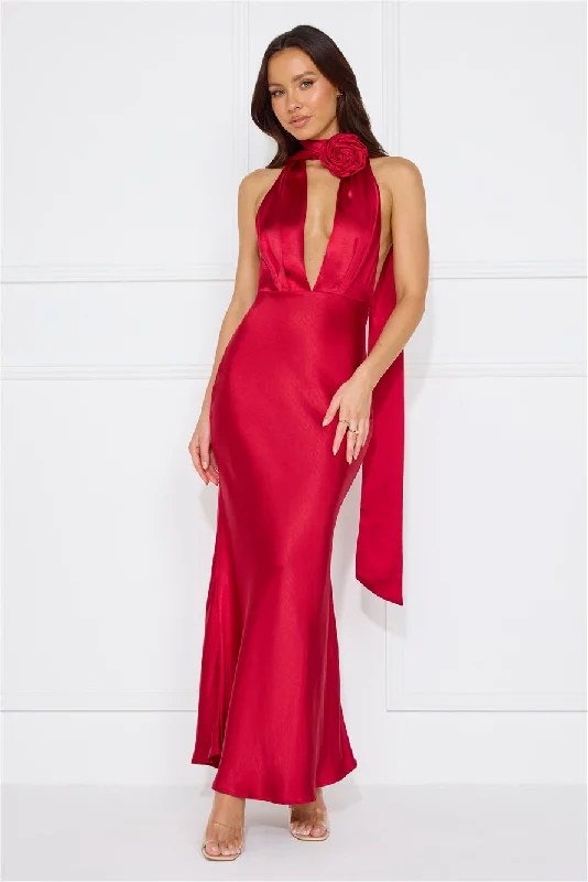 Stolen Style Points Halter Satin Maxi Dress Red