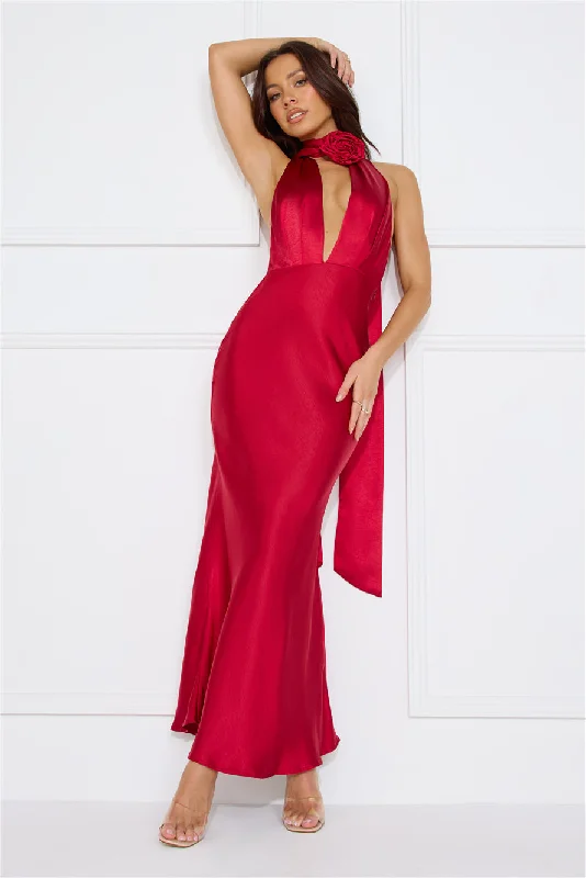 Stolen Style Points Halter Satin Maxi Dress Red