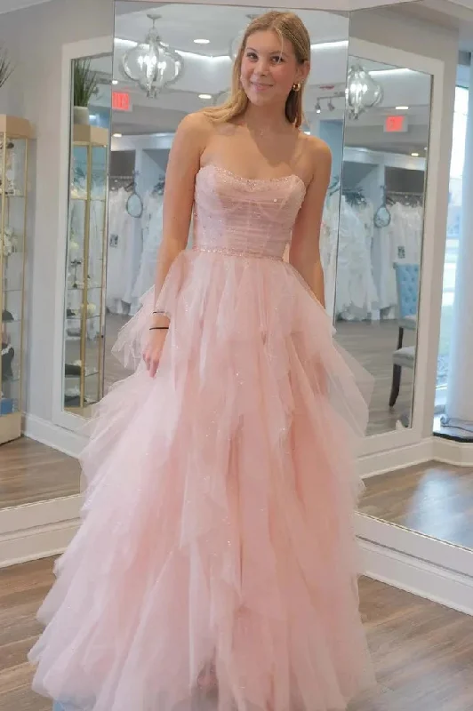 Strapless Light Pink Sequin Beaded Tulle Stunning Prom Dress PSK476