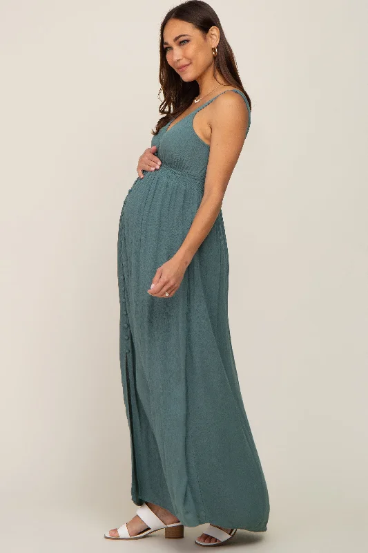 Teal Button Front Accent Maternity Maxi Dress