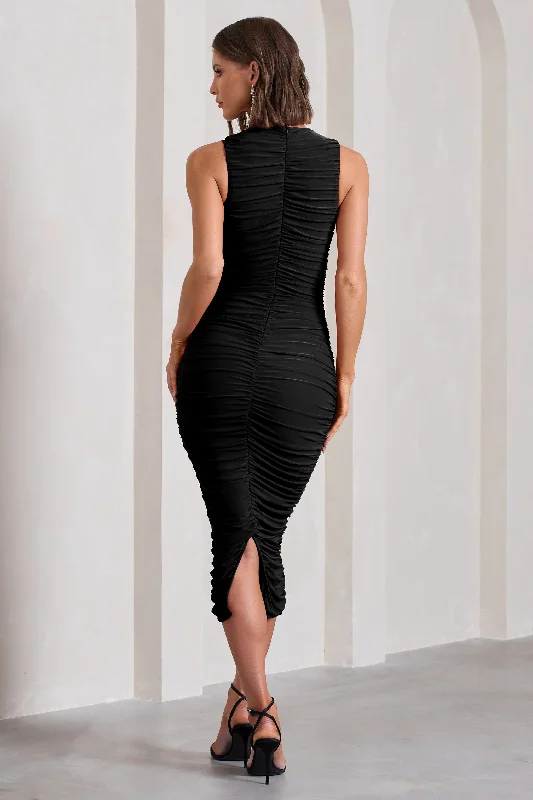 Tempting Fate | Black Ruched Bodycon V-Neck Maxi Dress