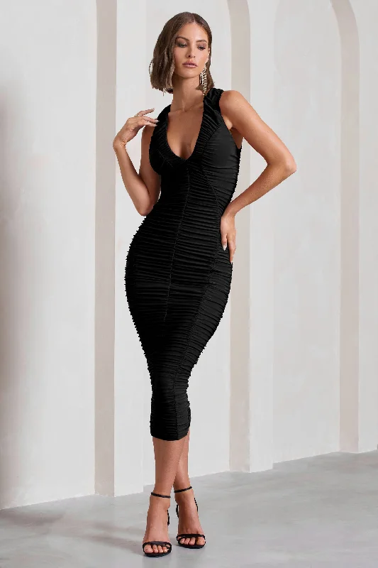 Tempting Fate | Black Ruched Bodycon V-Neck Maxi Dress