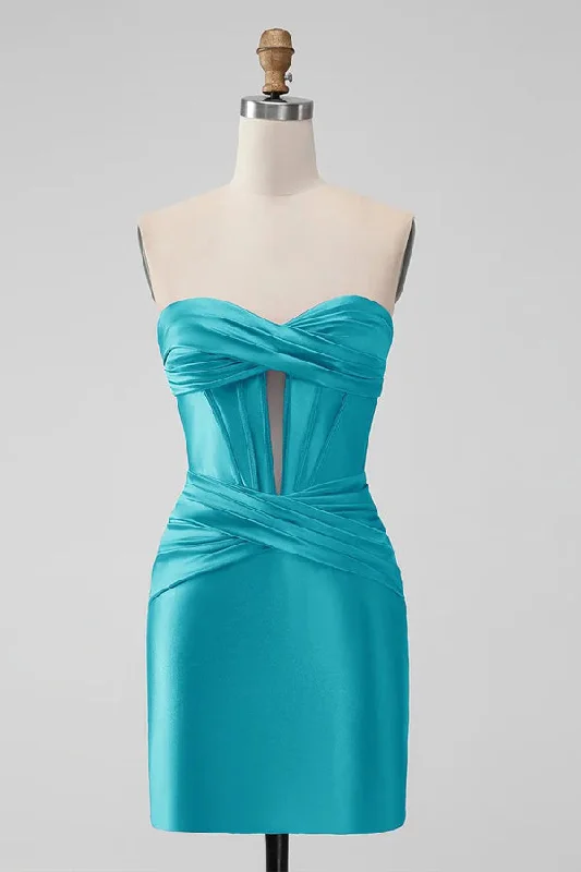 Tight Strapless Keyhole Satin Turquoise Homecoming Dress  PD535