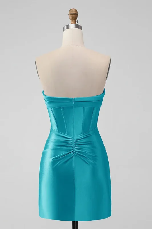 Tight Strapless Keyhole Satin Turquoise Homecoming Dress  PD535