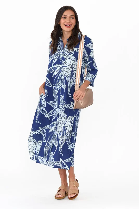 Tricia Blue Tropical Cotton Shirt Dress