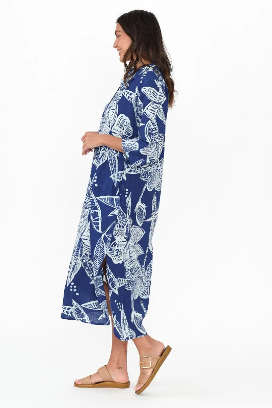 Tricia Blue Tropical Cotton Shirt Dress