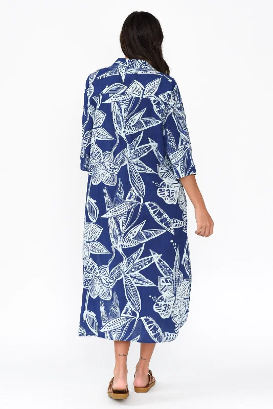 Tricia Blue Tropical Cotton Shirt Dress