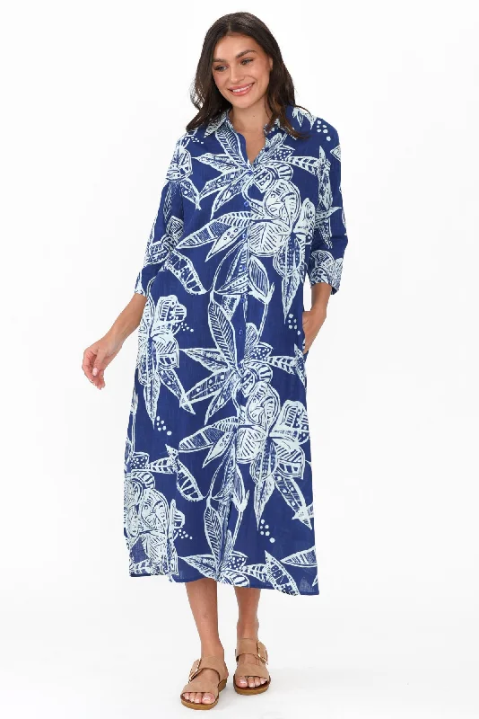 Tricia Blue Tropical Cotton Shirt Dress