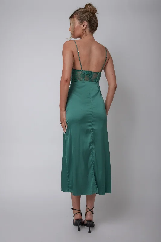 Trophy Lace Bodice Midi Dress Emerald