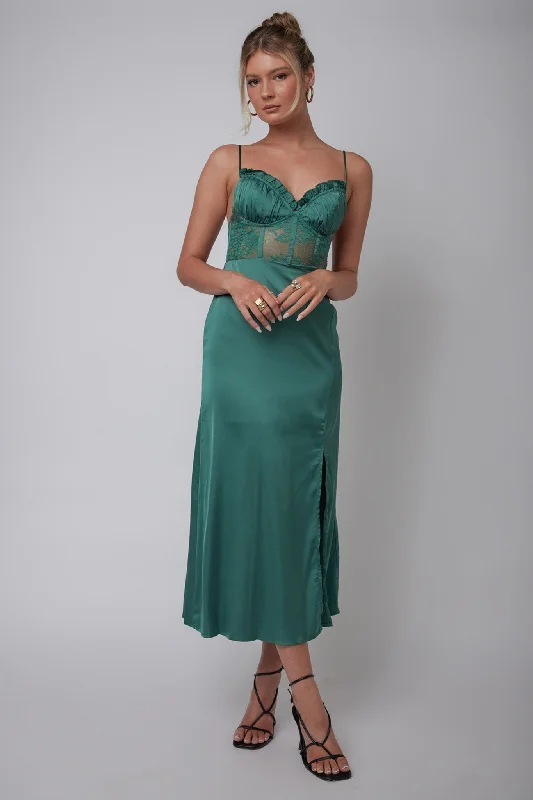 Trophy Lace Bodice Midi Dress Emerald