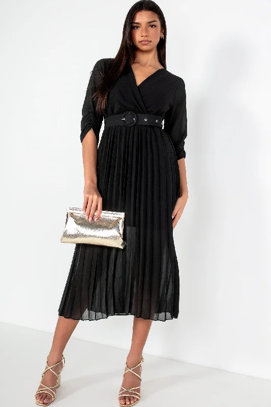 Uliana Black Chiffon Pleated Dress