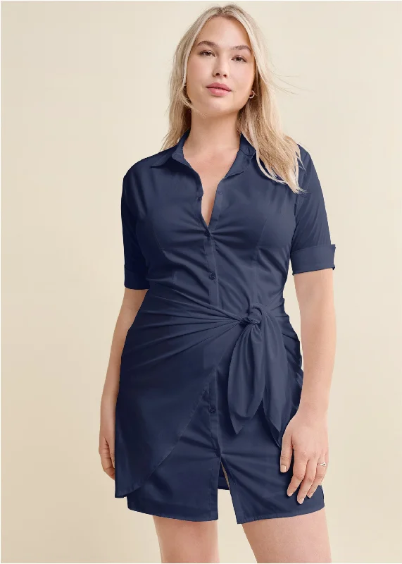 Collared wrap shirt dress  - Navy