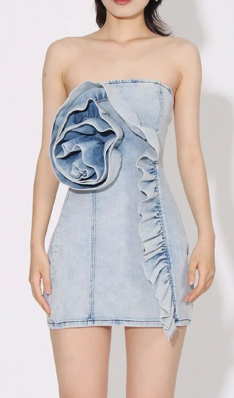 3D FLOWER DENIM MINI DRESS