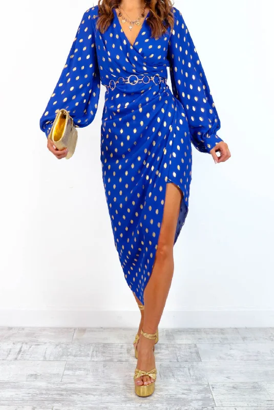 A Class Of Your Own - Cobalt Gold Foil Midi Dress