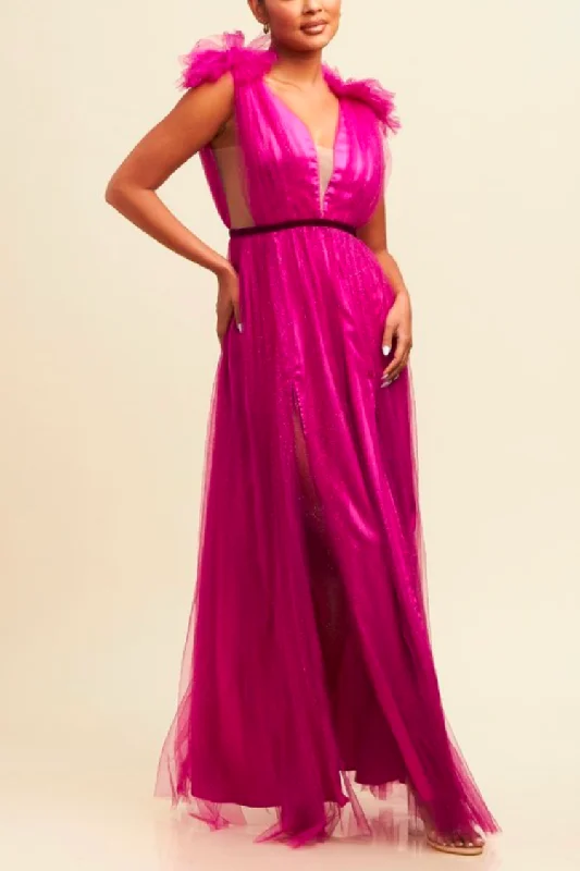 Alessia Tulle Deep V Gown - Magenta - FINAL SALE