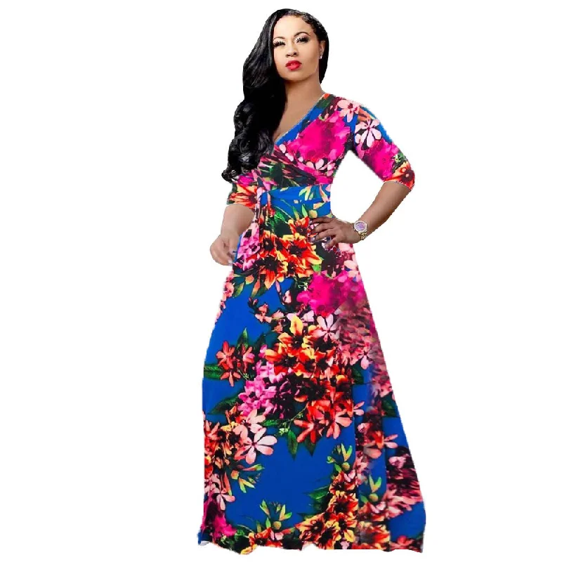 Amazon Hot Sale  Casual Deep V-neck Print  Flower  Maxi Dress Plus Size Long Sleeve Prom Fashion Dress