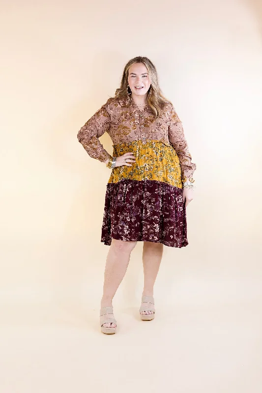 Among the Flowers Floral Ruffle Tier Long Sleeve Dress in Taupe, Mustard, and Burgundy