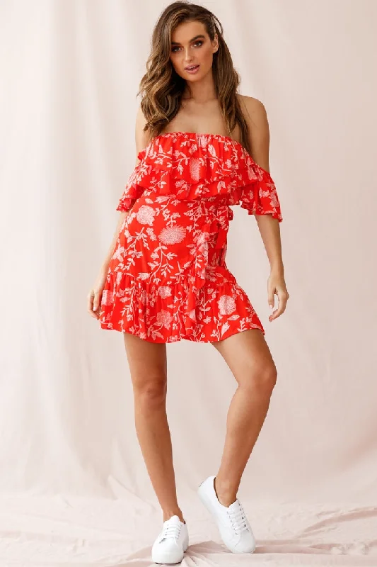 Audrina Off-Shoulder Wrap Dress Floral Print Red