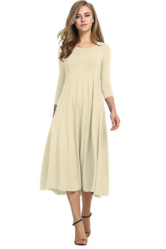 Autumn Women Round Neck Shirt Half Sleeve Solid Long Skirt Color Wide Hem Dress