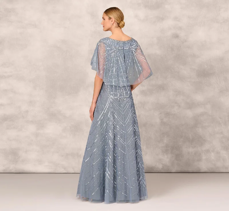 Beaded Ball Gown With Cape Sleeves In Vintage Blue