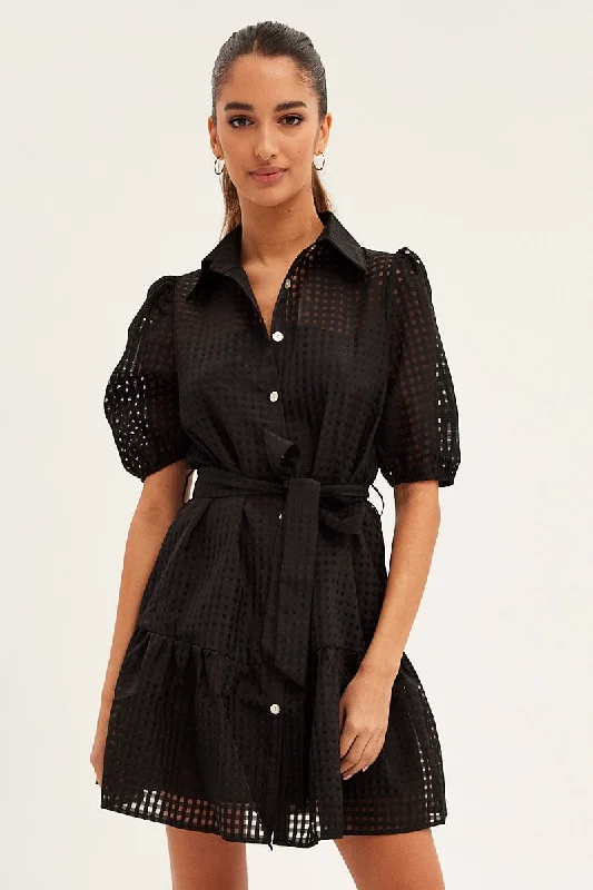 Black Shirts Dress Collard Half Sleeve Mini Dress