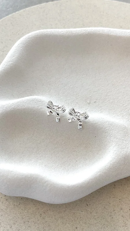 Bow Stud Sterling Silver Plated Earrings - Silver