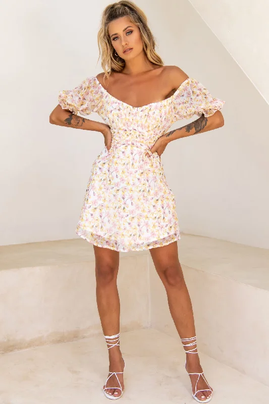 Bright Side Off-Shoulder Puff Sleeve Dress Floral Print Pink/Yellow