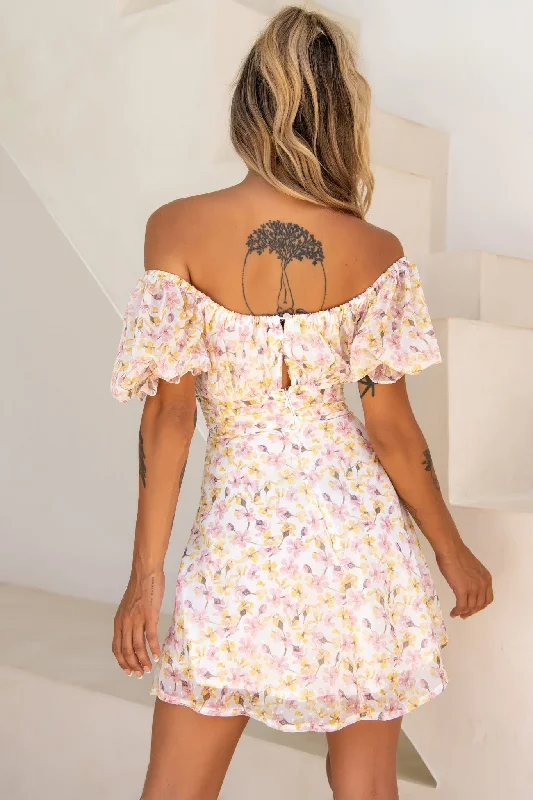 Bright Side Off-Shoulder Puff Sleeve Dress Floral Print Pink/Yellow