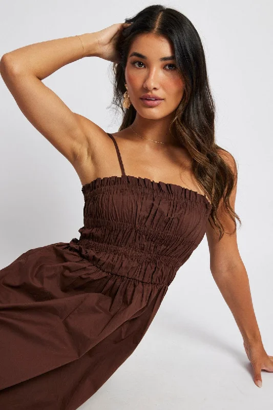 Brown Maxi Dress Sleeveless Shirred