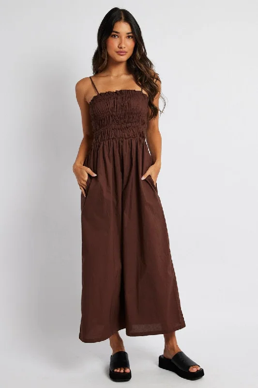 Brown Maxi Dress Sleeveless Shirred