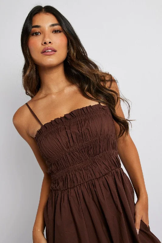 Brown Maxi Dress Sleeveless Shirred