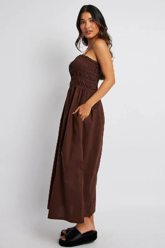 Brown Maxi Dress Sleeveless Shirred