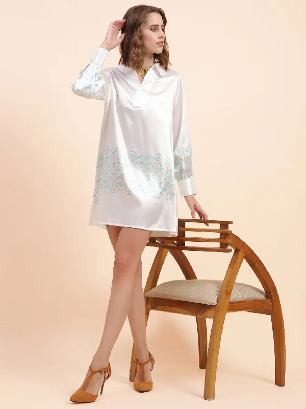 Camla Barcelona Printed Hem & Sleeve Off-White Dress