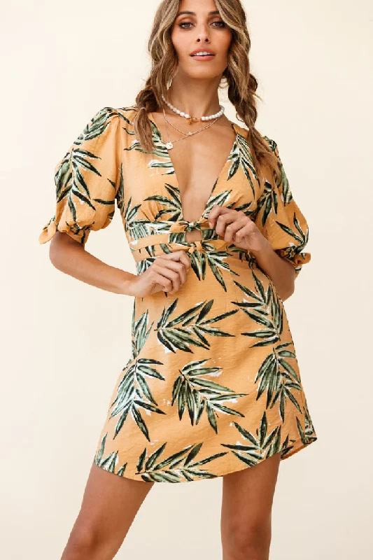 Camarillo Puff Sleeve Bow Detail Dress Leaf Print Sunset