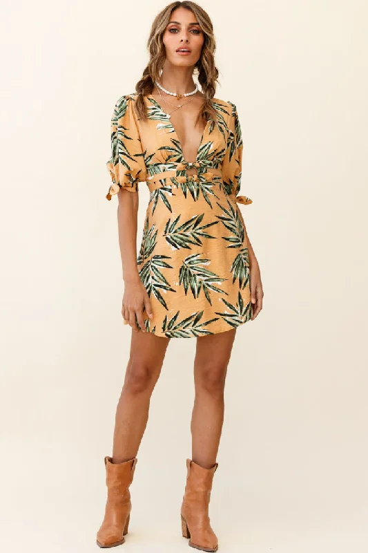 Camarillo Puff Sleeve Bow Detail Dress Leaf Print Sunset