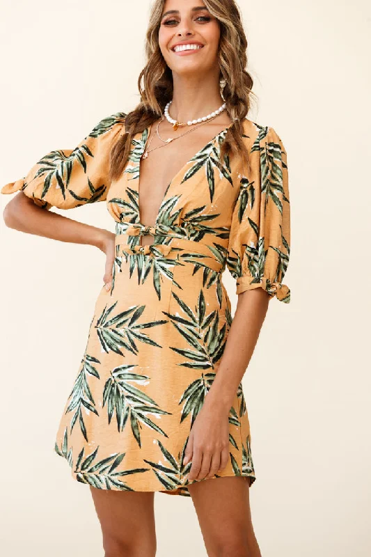 Camarillo Puff Sleeve Bow Detail Dress Leaf Print Sunset