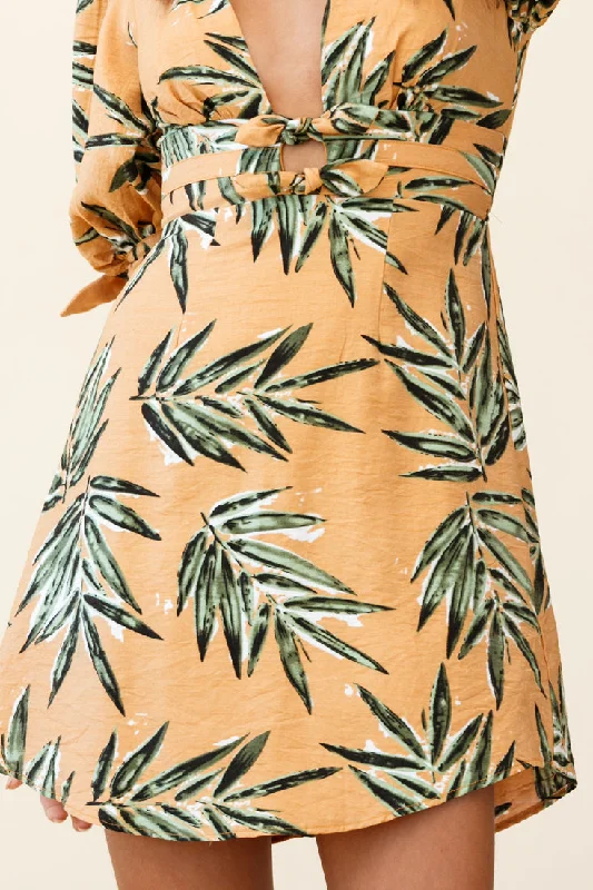 Camarillo Puff Sleeve Bow Detail Dress Leaf Print Sunset