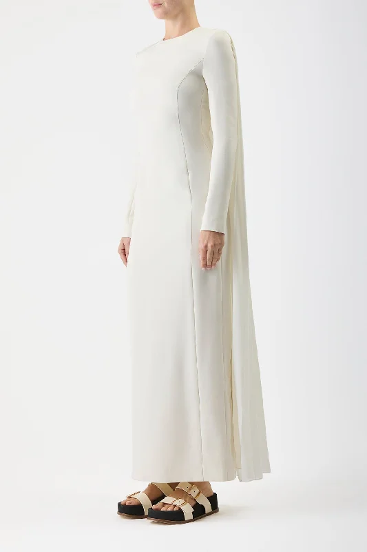 Carlota Draped Gown in Ivory Silk Wool Cady