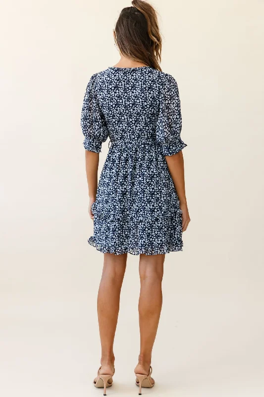 Catch Up Puff Sleeve Waist Tie Dress Floral Print Navy