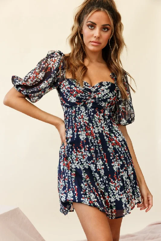 Cherub Puff Sleeve Sweetheart Neckline Dress Floral Print Navy