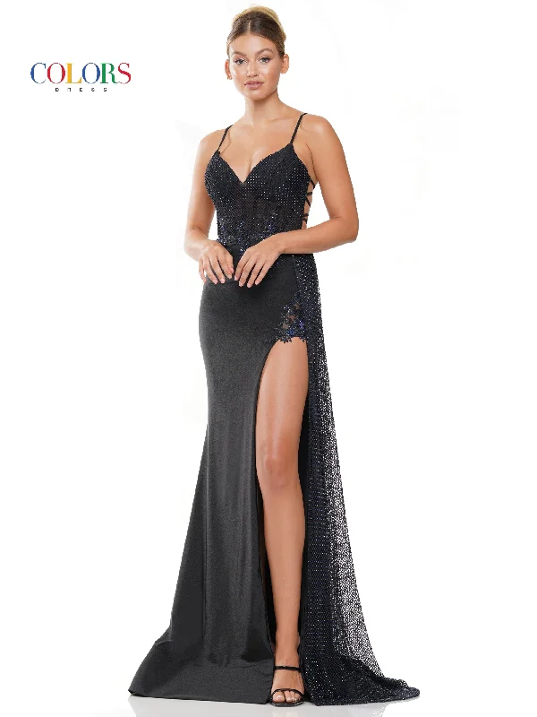 Colors 3093 Long Spaghetti Strap Fitted Prom Dress