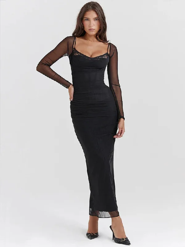 Mesh Pleated Slim Bodycon Long Backless Nightclub Sexy Party Maxi Dress