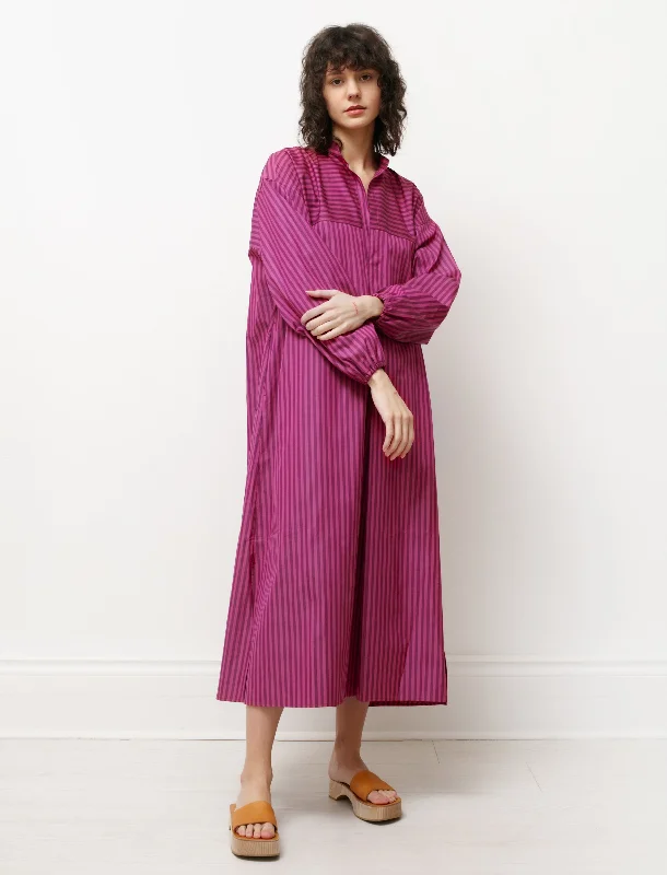 Shirt Dress with Gathered Sleeves Striped Pink