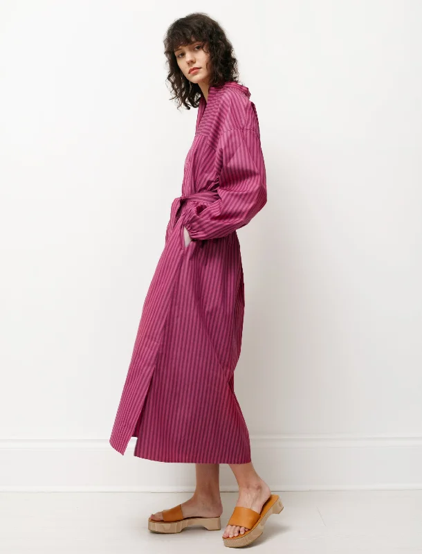 Shirt Dress with Gathered Sleeves Striped Pink