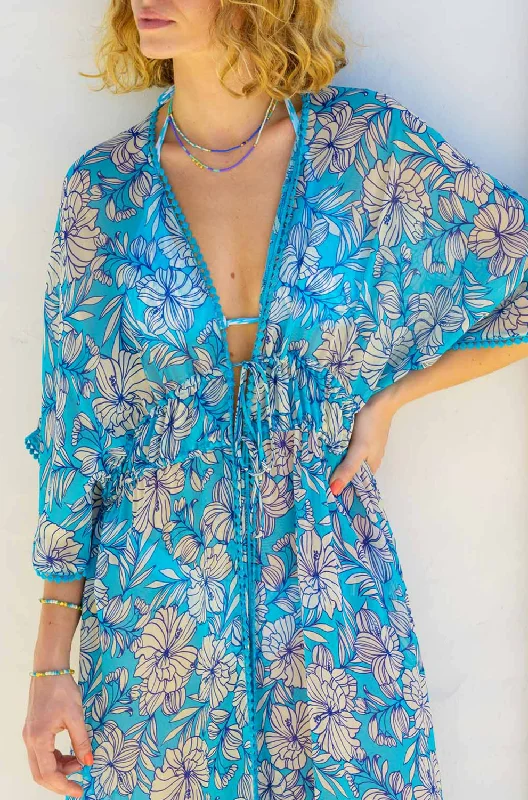 Delilah Kaftan | Lined Floral Turquoise/Cream