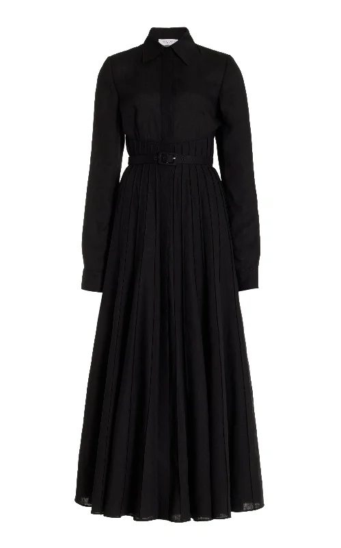 Dewi Pleated Shirtdress in Black Aloe Linen