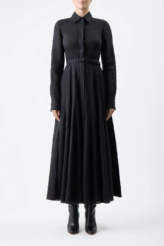 Dewi Pleated Shirtdress in Black Aloe Linen